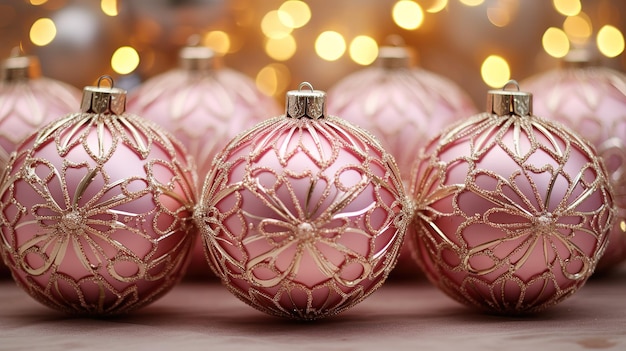 Nieuwjaarskerstballen delicate gouden en roze decoraties voor de kerstboomachtergrond