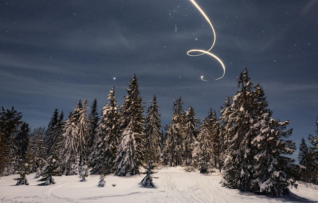 Nieuwjaarspad van een ster aan de nachtelijke hemel als achtergrond voor besneeuwde bomen in een prachtige vallei