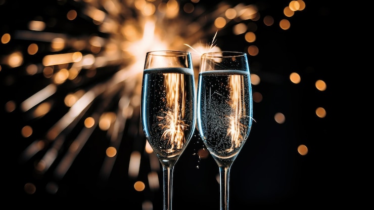 Foto nieuwjaarsviering met vuurwerk en champagneglazen