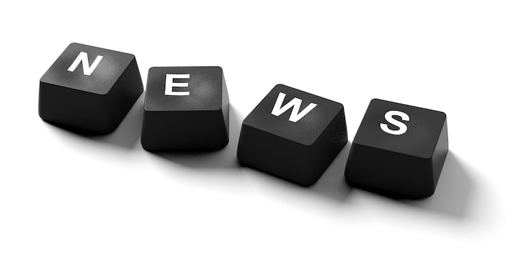 Foto nieuws online word-nieuws op toetsenbordtoetsen op witte achtergrondbannerweergave van bovenaf 3d illustratie