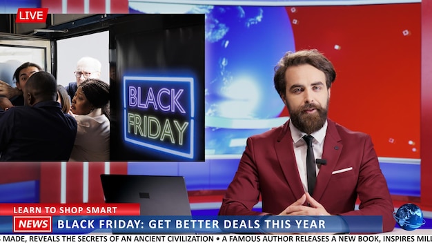 Nieuwsanker over het begin van de verkoop in winkels, reclame voor Black Friday-deals en beelden van winkelmanschap tijdens de kortingstijd. Journalist bespreekt veiligheid.