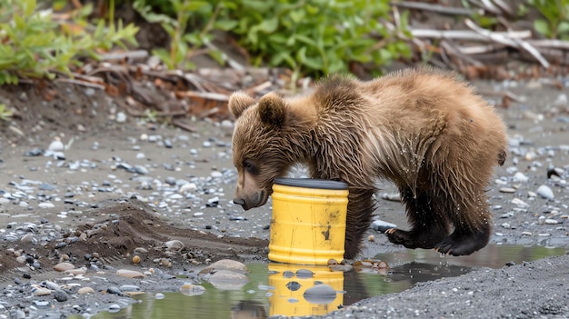 Nieuwsgierig beerje speelt met een gele emmer in het water aan de oever van een rivier