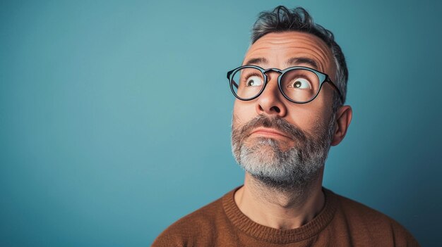 Foto nieuwsgierig inzicht middelbare leeftijd volwassen man die verwondering uitdrukt geïsoleerd op vaste achtergrond met kopieerruimte