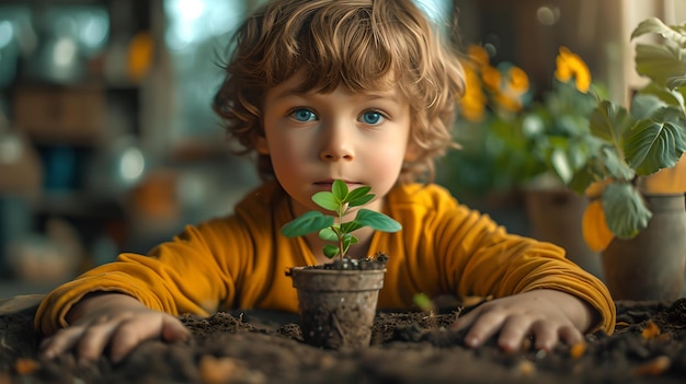 Nieuwsgierig kind in een warme trui die een jonge plant observeert. Kinderwonder ontmoet natuurschoonheid AI