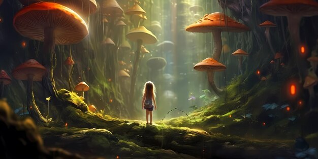 Nieuwsgierig kind verkent een mystiek bos vol gigantische paddenstoelen gloeiende planten Verwondering en betovering Generatieve ai