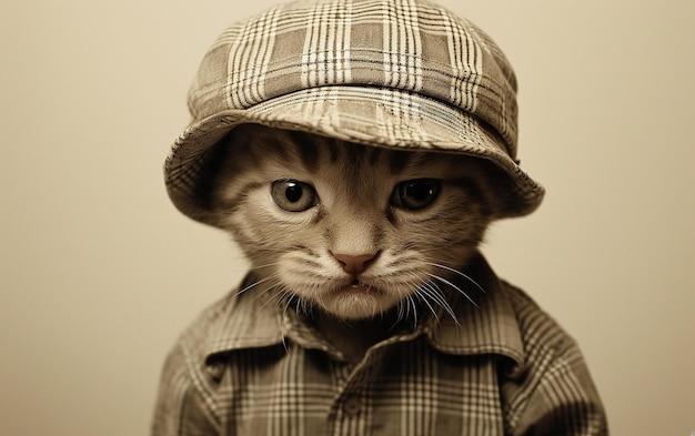 Nieuwsgierig kitten gekleed in vintage kleding