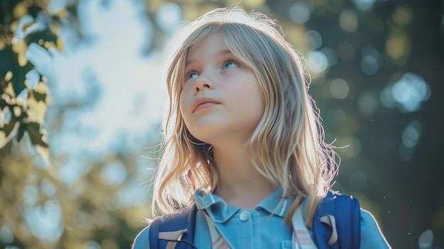 Nieuwsgierig klein meisje met een rugzak die naar de hemel kijkt Terug naar school.