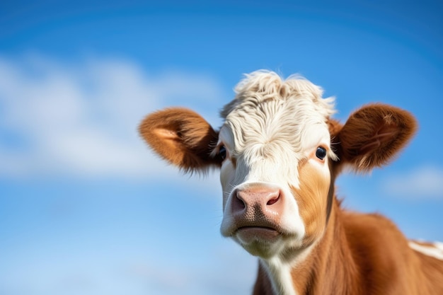 Nieuwsgierig koeienkalf tegen blauwe lucht Grappig schattig dier dat naar de camera kijkt Close-up portret