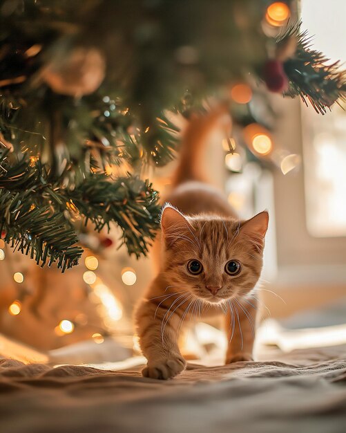 Nieuwsgierig oranje kitten onder de kerstboom