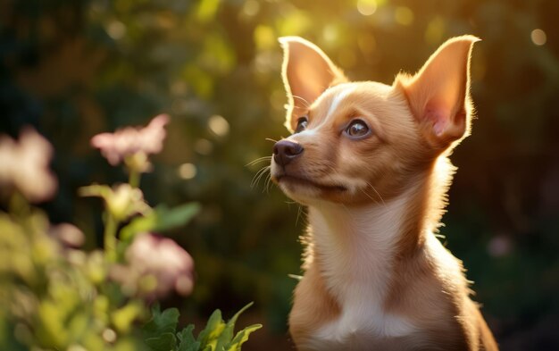 Nieuwsgierig puppy dat naar een fladderende vlinder kijkt