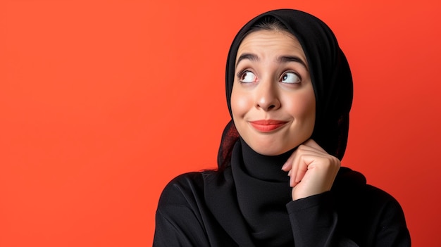 Nieuwsgierig wonder Arabische jonge volwassen vrouw die nieuwsgierigheid uitdrukt geïsoleerd op vaste achtergrond met kopieerruimte