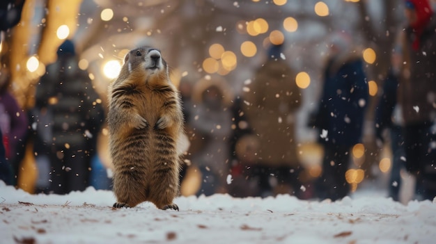Foto nieuwsgierige groundhog staand in een sneeuwige scène met een feestelijke achtergrond