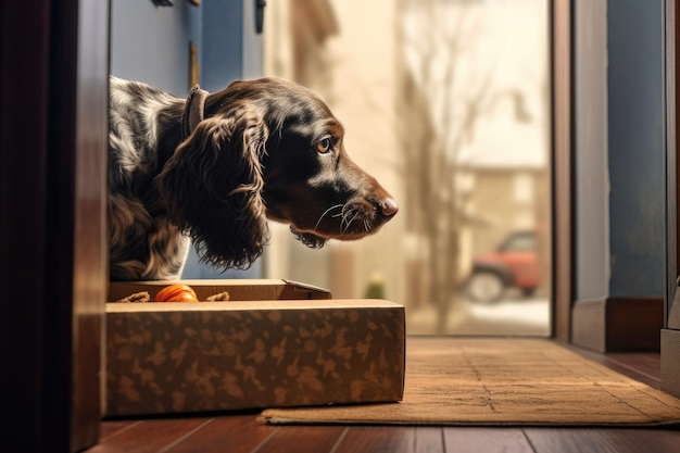 Nieuwsgierige hond die een afgeleverd pakket buiten een deur ruikt