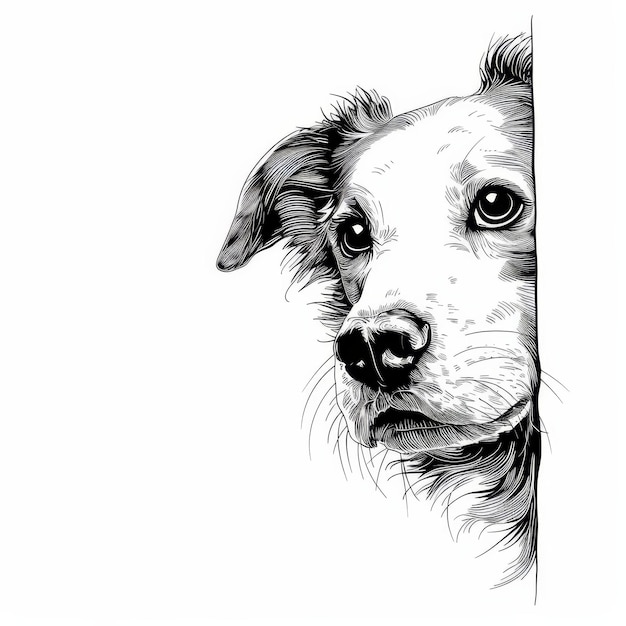 Nieuwsgierige hond kijkt om de hoek op witte cartoon sketch stijl achtergrond speels en schattig