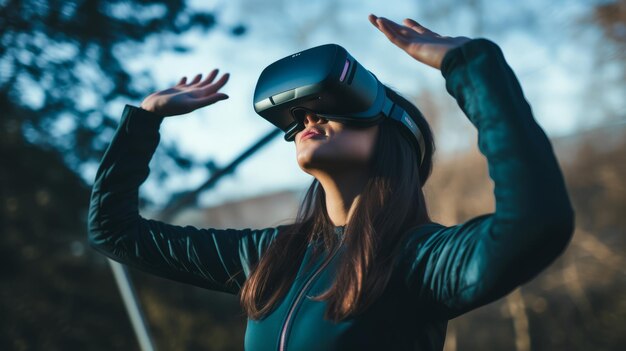 Foto nieuwsgierige jonge vrouwen die een virtual reality headset vr bril gebruiken op straat en ze voelt zich geweldig
