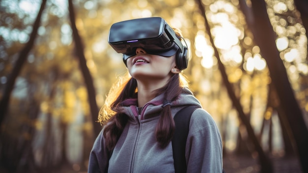 Nieuwsgierige jonge vrouwen die een virtual reality headset VR bril gebruiken op straat en ze voelt zich geweldig