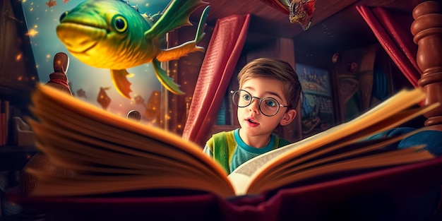 Foto nieuwsgierige jongen die een boek opent en wordt getransporteerd naar een magische wereld vol grillige wezens en levendige kleuren generatieve ai