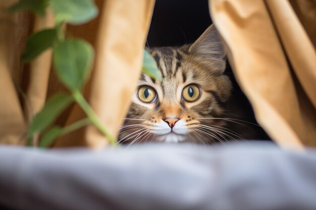 Nieuwsgierige kat die door gouden gordijnen kijkt.