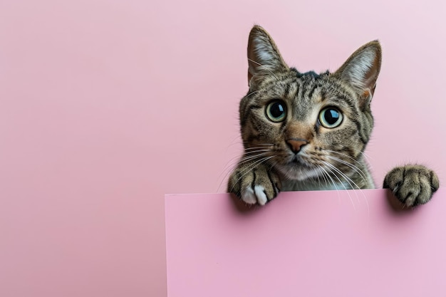 Nieuwsgierige kat gluurt over roze bord