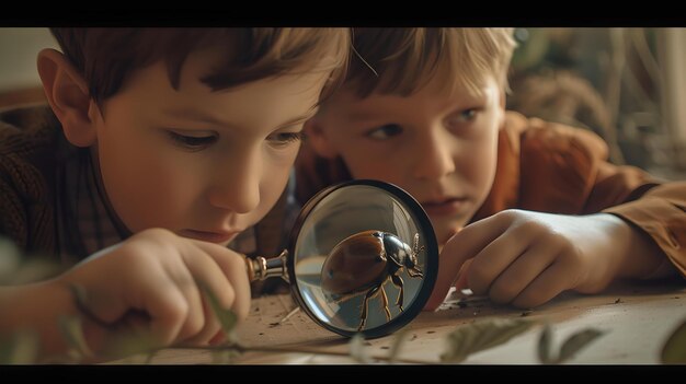 Nieuwsgierige kinderen die de natuur verkennen met een vergrootglas Jonge geesten leren onschuldige ontdekkingen Kindertijd spelen boeiend moment van onderwijs KI