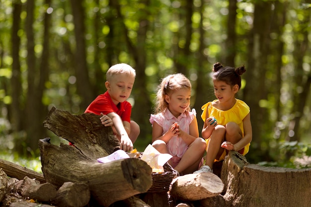 Foto nieuwsgierige kinderen die deelnemen aan een speurtocht in het bos