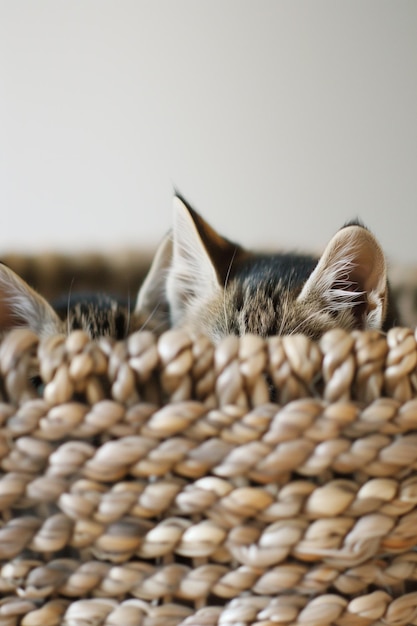 Nieuwsgierige kittens peekend uit een geweven mand binnen met een helder en licht beeld