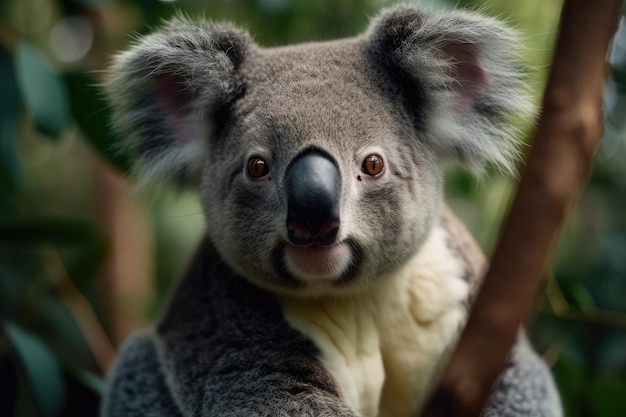 Nieuwsgierige Koala die in een boom zit en oogcontact maakt met de kijker Generative AI