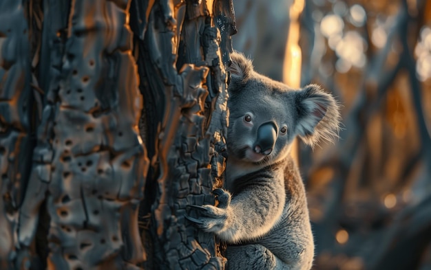 Nieuwsgierige koala in het gouden uur een koala klampt zich vast aan de zijkant van een boom zijn ogen wijd en waakzaam als de gouden stralen van de ondergaande zon een warme betoverende gloed werpen over zijn vacht en de ruwe boom schors