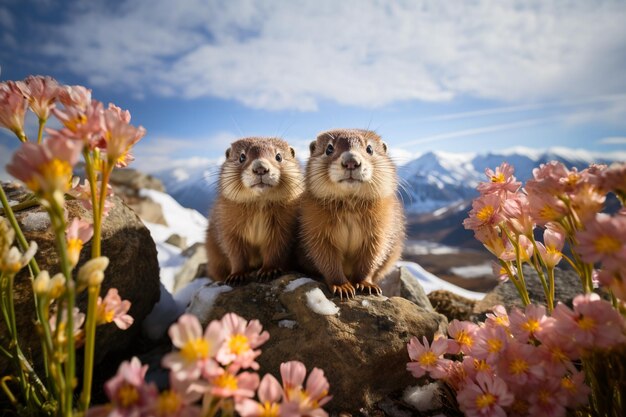 Nieuwsgierige marmotten op een weide met bloemen in de bergen, dieren in de natuur, dieren in het wild