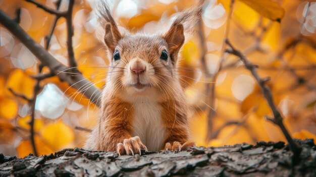 nieuwsgierige rode eekhoorn die van achter de boom kijkt levendige bos achtergrond speelse scherpe focus natuurlijk licht AI generatief