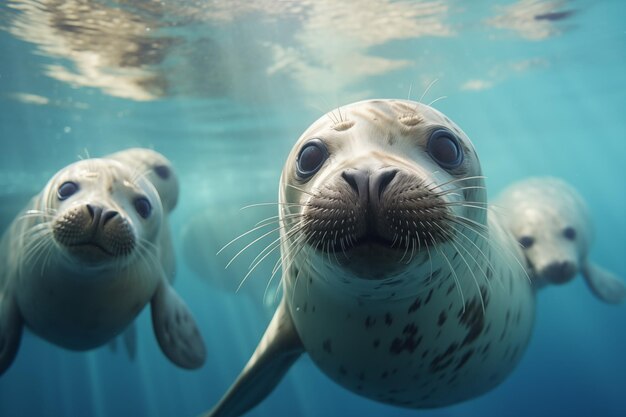 Foto nieuwsgierige schattige zeehonden zwemmen naar je onderwater illustratie