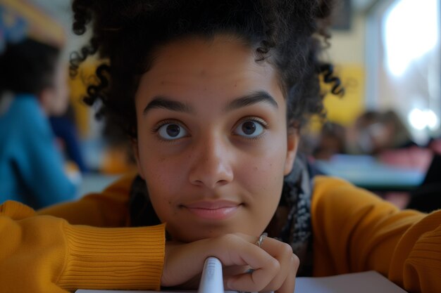 Nieuwsgierige student die de kin op handen rust met krullend haar in een gele trui in de klas