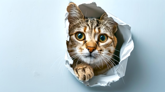 Nieuwsgierige tabby kat die door een gescheurde witte papieren muur kijkt Aardelijk huisdierenportret met kopieerruimte voor huisdierenliefhebbers Creatief en speels kattenconcept AI