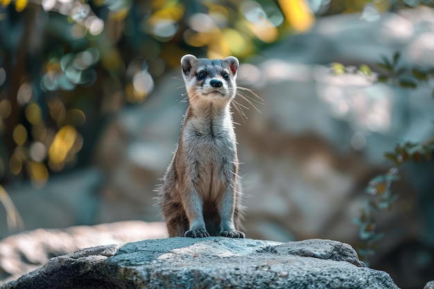 Nieuwsgierige wilde dennenmarten die op steen staat in een natuurlijke boshabitat met bladeren op de achtergrond