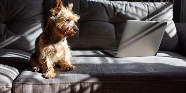 Foto nieuwsgierige yorkshire terrier onderzoekt een laptop op de bank