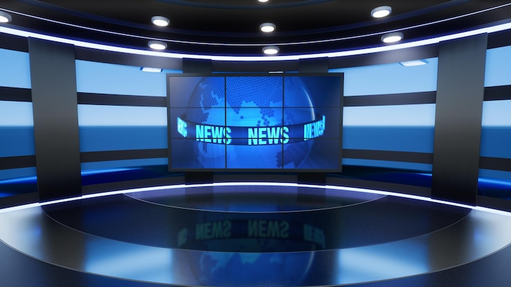 Foto nieuwsstudio achtergrond voor tv-shows tv on wall3d virtuele nieuwsstudio achtergrond 3d-illustratie