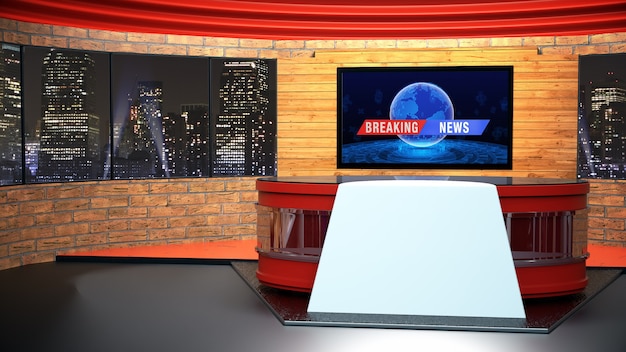 Nieuwsstudio voor tv-shows tv aan de muur. 3D virtuele nieuwsstudio