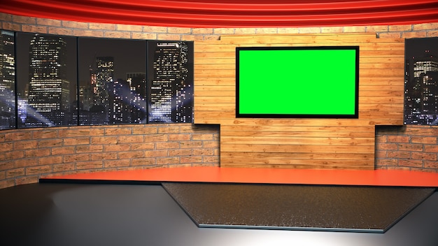 Nieuwsstudio voor tv-shows tv aan de muur. 3D virtuele nieuwsstudio