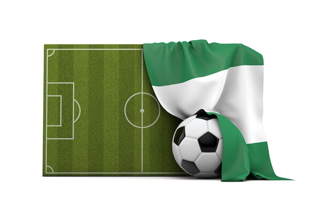 Nigeria country flag draped over a football soccer pitch and\
ball 3d rendering