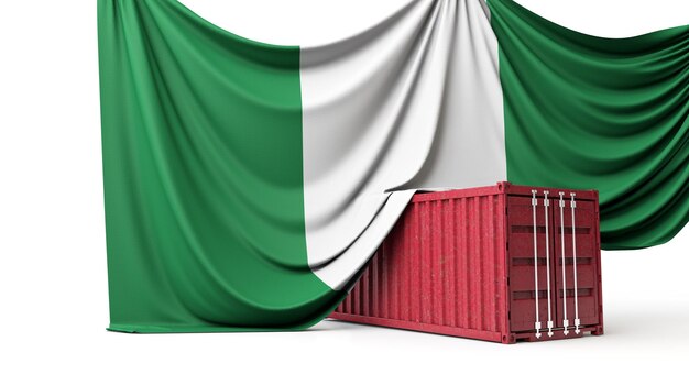 Nigeria flag draped over a commercial trade shipping container d rendering