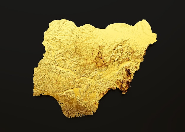 Nigeria Map Golden metal Color Height map on Black Background 3d illustration