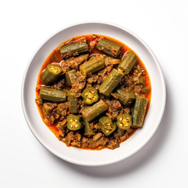 Photo nigerian okra soup nigerian dish on plate on white background directly above view