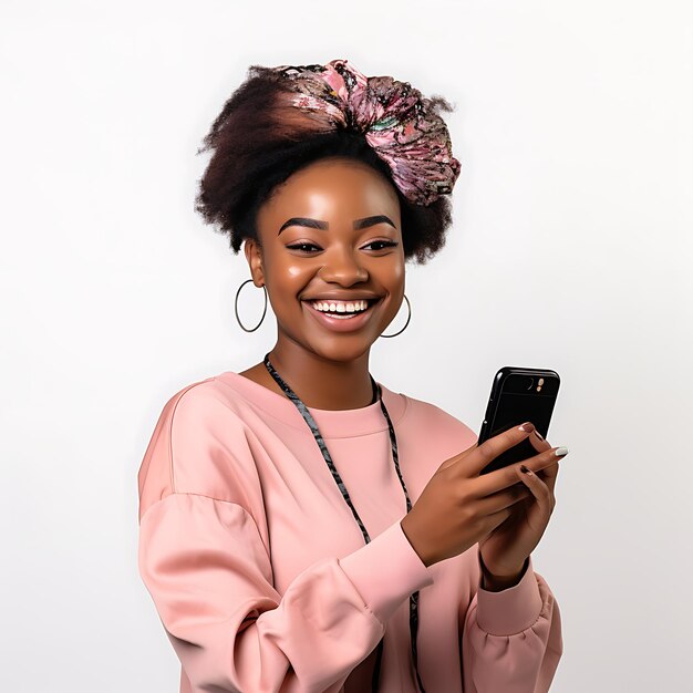 Nigerian woman holding a phone on white