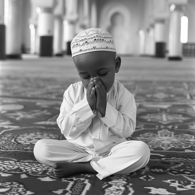 Photo the nigerien kid pray for his country in mosque while he criying real photo