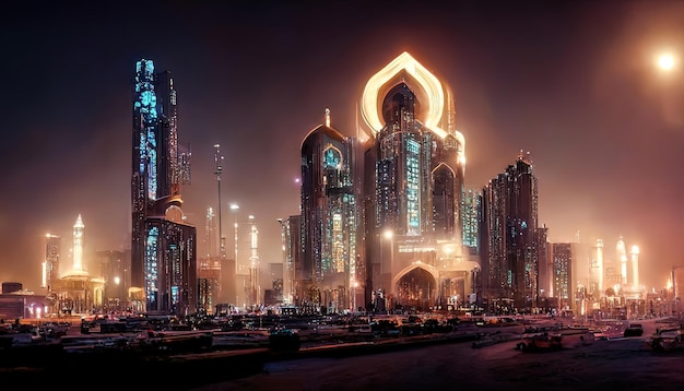 Ночная арабская футуристическая фантазия неоновый город Восточная городская панорама Ночной вид города Восточная архитектура