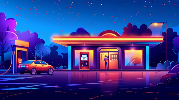 Photo at night an automobile driver refuels at a petrol station a man sits in his automobile near the facade of the building fuel is being sold for urban vehicles gas is being refilled cartoon modern