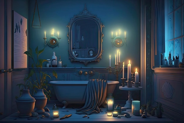 제너레이티브 AI로 만든 다크 블루 톤의 촛불과 인테리어가 있는 야간 욕실