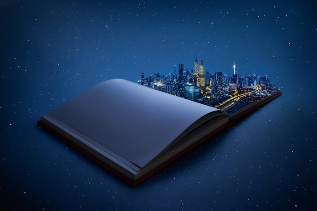 Night beautiful scene of modern city skyline pop up in the open book pages.