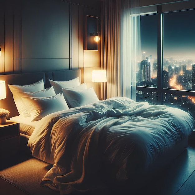 Foto camera da notte interno della camera da letto con coperte verdi sul letto candele accese