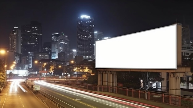 Ночью пустой белый дорожный рекламный щит на фоне городского пейзажа Сингапура Генеративный плакат уличной рекламы с искусственным интеллектом